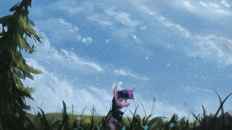 Size: 1280x720 | Tagged: dead source, safe, artist:hierozaki, derpibooru import, twilight sparkle, pony, unicorn, cloud, cloudy, flower, frown, grass, scenery, sitting, sky, solo, stars, tree, wallpaper