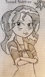 Size: 2988x5069 | Tagged: safe, artist:missmayaleanne, derpibooru import, sunset shimmer, equestria girls, grayscale, lined paper, monochrome, sketch, solo, traditional art