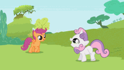Size: 488x275 | Tagged: animated, apple bloom, artist:ah96, cutie mark crusaders, derpibooru import, dumb head, edit, edited screencap, editor:ah96, funny, headless, i can't believe it's not superedit, lesson zero, modular, playing, pronking, safe, scootaloo, screencap, sweetie belle, wat