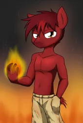 Size: 683x1005 | Tagged: safe, artist:sandwich-anomaly, derpibooru import, oc, oc:charred remnant, unofficial characters only, anthro, earth pony, bare chest, belly button, clothes, fire, freckles, topless