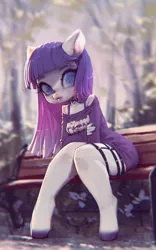 Size: 540x864 | Tagged: anthro, artist:frali, beautiful, bench, big eyes, depth of field, derpibooru import, ear fluff, edit, floppy ears, flower, forest, garter belt, garters, glow, heart, looking at you, necklace, oc, realistic, recolor, safe, senpai, sitting, sleeveless, solo, sunlight, thighs, tube top, unguligrade anthro, unofficial characters only