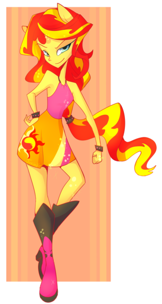 Size: 489x916 | Tagged: dead source, safe, artist:juvialle, derpibooru import, sunset shimmer, equestria girls, ponied up, simple background, solo, transparent background