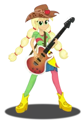 Size: 1781x2666 | Tagged: safe, artist:deannaphantom13, derpibooru import, applejack, equestria girls, friendship through the ages, bass guitar, clothes, cowboy hat, guitar, hat, looking at you, musical instrument, shine like rainbows, simple background, smiling, solo, transparent background