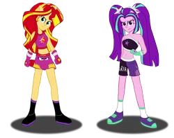Size: 3269x2604 | Tagged: safe, artist:deannaphantom13, derpibooru import, aria blaze, sunset shimmer, equestria girls, bare shoulders, belly button, boxing, boxing gloves, clothes, eared humanization, looking at you, midriff, ponied up, simple background, sleeveless, smiling, stance, strapless, transparent background
