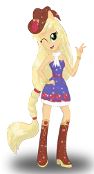 Size: 1872x3440 | Tagged: safe, artist:deannaphantom13, derpibooru import, applejack, equestria girls, bare shoulders, clothes, cowboy hat, dress, fall formal outfits, hat, looking at you, open mouth, peace sign, ponied up, simple background, sleeveless, smiling, solo, strapless, transparent background, wink