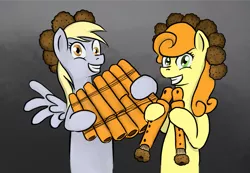 Size: 2687x1859 | Tagged: safe, artist:poecillia-gracilis19, derpibooru import, carrot top, derpy hooves, golden harvest, pony, bipedal, carrot, flute, grin, muffin, musical instrument, pan flute, spread wings, wide eyes