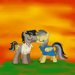 Size: 1500x1500 | Tagged: artist:samey90, clothes, daballeron, daring do, derpibooru import, doctor caballeron, dress, female, foe yay, hill, kissing, male, safe, shipping, straight, sunset