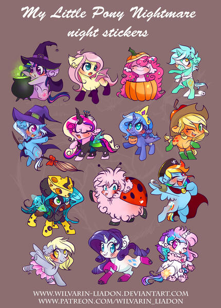 Size: 2074x2891 | Tagged: safe, artist:wilvarin-liadon, derpibooru import, applejack, derpy hooves, fluttershy, lyra heartstrings, pinkie pie, princess cadance, princess celestia, princess luna, queen chrysalis, rainbow dash, rarity, trixie, twilight sparkle, oc, oc:fluffle puff, alicorn, bat pony, cat, changeling, changeling queen, earth pony, ladybug, nymph, pegasus, pony, unicorn, angry, ballerina, bipedal, blushing, bow, broom, brown background, candy, cauldron, cheese, cheeselegs, chibi, clothes, costume, cute, cutealis, cutedance, cutelestia, dashabetes, derpabetes, diapinkes, diatrixes, eyes closed, female, flufflebetes, fluffy, flutterbat, flying, flying broomstick, hat, jackabetes, leg in air, looking at you, lunabetes, lyrabetes, mummy, nightmare night, one eye closed, open mouth, pirate, pirate dash, pumpkin, race swap, raribetes, shyabates, shyabetes, simple background, sitting, smiling, spread wings, sticker, tutu, twiabetes, underhoof, witch, witch hat
