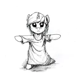 Size: 720x679 | Tagged: safe, artist:el-yeguero, derpibooru import, lyra heartstrings, pony, bipedal, clothes, monochrome, solo, t-shirt, traditional art, younger