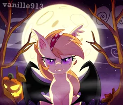 Size: 1600x1371 | Tagged: dead source, safe, artist:spookyle, derpibooru import, oc, oc:pumpkin patch, unofficial characters only, bat pony, pony, bat pony oc, ear fluff, fangs, female, freckles, full moon, glare, halloween, headband, holiday, looking at you, mare, moon, night, night sky, pumpkin, purple eyes, sky, slit eyes, solo, spread wings, starry night, tree, wings