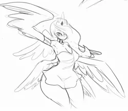 Size: 2715x2346 | Tagged: anthro, armpits, artist:tess, breasts, cleavage, clothes, derpibooru import, female, hair over one eye, harpy, hips, monochrome, monster mare, multiple wings, nightgown, princess celestia, sketch, solo, solo female, species swap, suggestive, thunder thighs, wide hips
