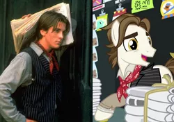 Size: 956x672 | Tagged: christian bale, clothes, comparison, derpibooru import, human, irl, irl human, made in manehattan, neckerchief, news flash, newsies, newspaper, photo, reference, safe, shirt, vendor, vest