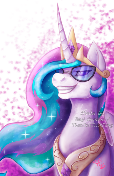 Size: 652x1009 | Tagged: artist:dogi-crimson, artist:sky-railroad, artist:thatonetrickpony, bosslestia, curved horn, derpibooru import, grin, lidded eyes, like a boss, looking at you, portrait, princess celestia, safe, smirk, solo, sunglasses, three quarter view, watermark