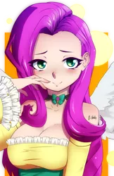 Size: 1500x2318 | Tagged: artist:oppaihobby, blushing, breasts, busty fluttershy, cleavage, clothes, cute, derpibooru import, dress, female, fluttershy, frilly dress, human, humanized, lidded eyes, looking at you, purple hair, safe, shoulderless, shyabetes, smiling, solo, spread wings