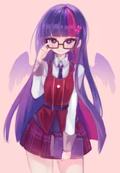 Size: 900x1300 | Tagged: safe, artist:shouu-kun, derpibooru import, sci-twi, twilight sparkle, human, equestria girls, friendship games, anime, anime style, blushing, book, clothes, crystal prep academy uniform, cute, explicit source, glasses, humanized, looking at you, meganekko, school uniform, skirt, solo, twiabetes, winged humanization, wings