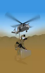 Size: 1500x2400 | Tagged: air force, artist:totallynotabronyfim, backpack, boots, camouflage, clothes, derpibooru import, desert, dust, gloves, gun, handgun, helicopter, helmet, human, humanized, m4, m9, medic, multicam, night vision goggles, nurse redheart, pararescue, pistol, rescue, rifle, safe, solo, stretcher, uniform, usaf, weapon
