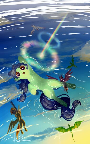 Size: 709x1128 | Tagged: safe, artist:bluest-ayemel, derpibooru import, oc, oc:lilydrop, unofficial characters only, dragon, pegasus, pony, blue sky, day, dream, family, looking at you, open mouth, reflection, sonic rainboom, swimming