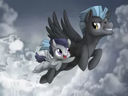 Size: 1024x768 | Tagged: safe, artist:ibsn, derpibooru import, rumble, thunderlane, pegasus, pony, brothers, cloud, cloudsdale, cloudy, colt, cute, duo, fluffy, flying, grin, male, open mouth, sky, smiling, smirk, spread wings, stallion