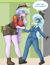 Size: 981x1280 | Tagged: suggestive, artist:basketgardevoir, derpibooru import, princess celestia, trixie, oc, oc:rally flag, equestria girls, canon x oc, clothes, disguise, female, ghostly gibus, lesbian, male, paper-thin disguise, principal celestia, rallylestia, shipping, sniper, spy, straight, team fortress 2, this will end in tears and/or death
