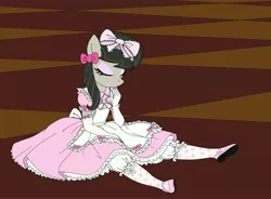 Size: 3000x2206 | Tagged: safe, artist:avchonline, derpibooru import, octavia melody, anthro, earth pony, alice in wonderland, bow, clothes, cookie, dress, eyes closed, eyeshadow, frilly dress, gloves, hair bow, lace, makeup, mary janes, pinafore, ruffles, solo, sweet lolita