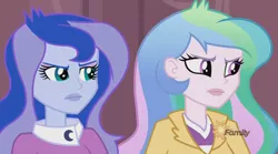 Size: 1440x803 | Tagged: safe, derpibooru import, screencap, princess celestia, princess luna, equestria girls, friendship games, celestia is not amused, luna is not amused, principal celestia, unamused, vice principal luna