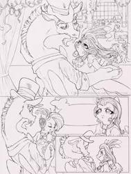 Size: 850x1126 | Tagged: safe, artist:thecuriousfool, derpibooru import, discord, fluttershy, clothes, comic, discoshy, female, male, monochrome, shipping, straight, wip