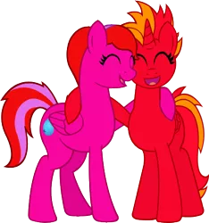 Size: 413x441 | Tagged: safe, artist:thecheri, derpibooru import, oc, oc:fast feather, oc:firemaker, unofficial characters only, alicorn, pegasus, pony, alicorn oc, eyes closed, female, friends, hug, mare, open mouth, raised hoof, simple background, smiling, transparent background