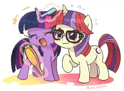 Size: 600x442 | Tagged: safe, artist:akira bano, derpibooru import, moondancer, twilight sparkle, pony, unicorn, :3, blushing, brush, brushie, brushing, cute, dancerbetes, eyes closed, female, filly, glasses, magic, mirror, open mouth, smiling, twiabetes, younger