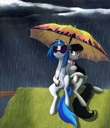 Size: 1434x1670 | Tagged: safe, artist:dryayberg, derpibooru import, octavia melody, vinyl scratch, cute, female, lesbian, rain, rooftop, scratchtavia, shipping, umbrella