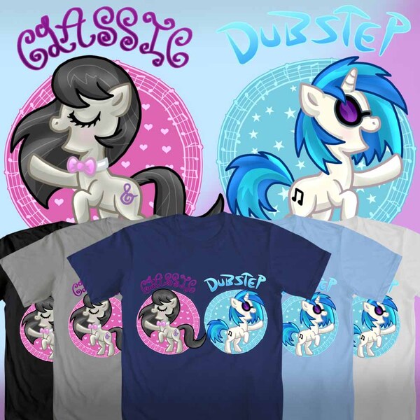 Size: 1000x1000 | Tagged: artist:foxgirlkira, clothes, derpibooru import, octavia melody, safe, shirt design, t-shirt, t shirt design, vinyl scratch, welovefine