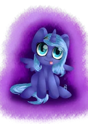 Size: 2480x3496 | Tagged: safe, artist:moon-wing, derpibooru import, princess luna, filly, looking at you, simple background, sitting, solo, spread wings, tongue out, transparent background, woona