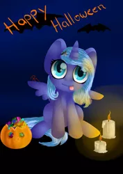 Size: 2480x3496 | Tagged: safe, artist:moon-wing, derpibooru import, princess luna, bat, candle, candy, cute, filly, halloween, jack-o-lantern, lunabetes, pumpkin, sitting, solo, spread wings, tongue out, woona