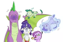Size: 1024x683 | Tagged: safe, artist:craftedfun3, derpibooru import, rarity, spike, oc, oc:crystal clarity, oc:lavender, oc:turquoise blitz, dracony, hybrid, kilalaverse, alternate hairstyle, brushie, exclamation point, female, fire ruby, floppy ears, horn ring, interdimensional siblings, interspecies offspring, levitation, magic, makeover, male, offspring, older, older spike, parent:rarity, parent:spike, parents:sparity, self-levitation, shipping, simple background, sparity, straight, telekinesis, white background, wings