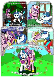 Size: 1024x1412 | Tagged: artist:jakrat-rosemberd, changeling, clothes, comic, derpibooru import, female, hat, holding hooves, kissing, lyrics, magic, male, nurse hat, princess cadance, safe, shining armor, shiningcadance, shipping, sick, singing, straight, telekinesis, uniform