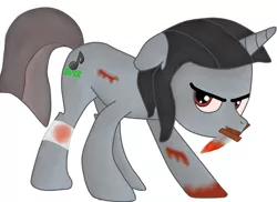 Size: 1024x747 | Tagged: grimdark, artist:nicki93, derpibooru import, oc, oc:nick melver, unofficial characters only, pony, unicorn, angry, bandage, blood, floppy ears, injured, knife, looking at you