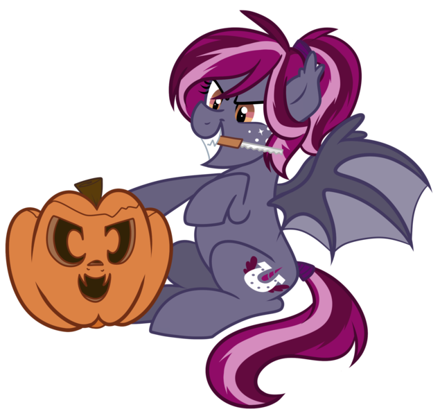Size: 2168x2050 | Tagged: safe, artist:drawntildawn, derpibooru import, oc, oc:spotlight splash, unofficial characters only, bat pony, pony, equestria daily, bat pony oc, carving, commission, equestria daily mascots, halloween, jack-o-lantern, knife, mascot, mouth hold, pumpkin, pumpkin carving, simple background, solo, transparent background