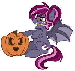 Size: 2168x2050 | Tagged: safe, artist:drawntildawn, derpibooru import, oc, oc:spotlight splash, unofficial characters only, bat pony, pony, equestria daily, bat pony oc, carving, commission, equestria daily mascots, halloween, jack-o-lantern, knife, mascot, mouth hold, pumpkin, pumpkin carving, simple background, solo, transparent background