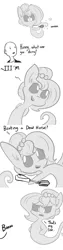 Size: 806x3224 | Tagged: safe, artist:tjpones, derpibooru import, oc, oc:brownie bun, oc:richard, unofficial characters only, ghost, human, pony, horse wife, bad pun, beating a dead horse, black sclera, boo, cheek fluff, chest fluff, comic, dead, egg beater, floating, frown, glare, grimderp, hoof hold, monochrome, open mouth, pun, raised eyebrow, simple background, smiling, tumblr, visual pun, white background