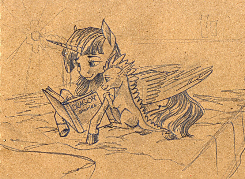 Size: 1024x749 | Tagged: safe, artist:skyaircobra, derpibooru import, spike, twilight sparkle, twilight sparkle (alicorn), alicorn, pony, bed, book, female, mama twilight, mare, monochrome, traditional art