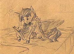 Size: 1024x749 | Tagged: safe, artist:skyaircobra, derpibooru import, spike, twilight sparkle, twilight sparkle (alicorn), alicorn, pony, bed, book, female, mama twilight, mare, monochrome, traditional art