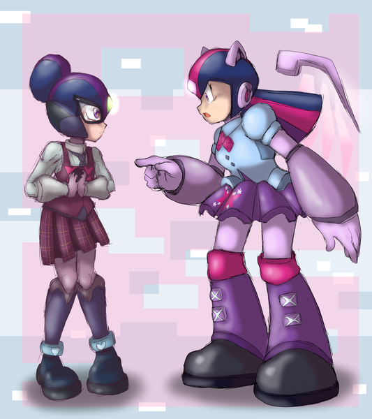 Size: 3200x3600 | Tagged: safe, artist:thegreatrouge, derpibooru import, sci-twi, twilight sparkle, twilight sparkle (alicorn), equestria girls, friendship games, armor, capcom, clothes, crossover, crystal prep academy, crystal prep academy uniform, crystal prep shadowbolts, device, duo, glasses, magic capture device, megaman, megaman x, megaman zero, open mouth, pleated skirt, pointing, scene interpretation, school uniform, skirt