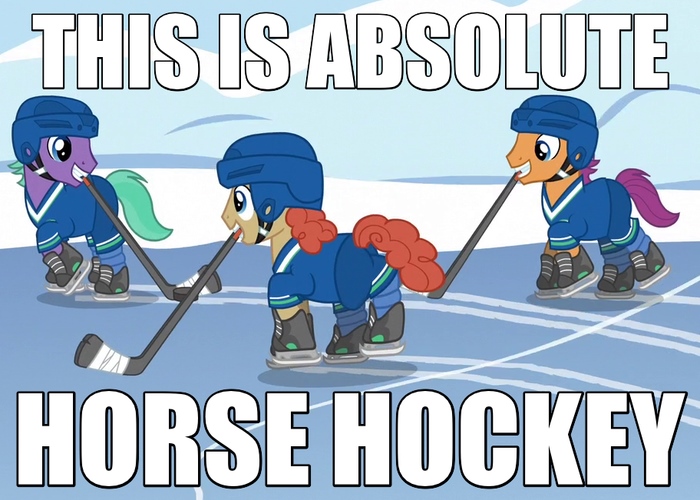 Size: 700x500 | Tagged: safe, derpibooru import, screencap, forecheck, unnamed pony, pony, tanks for the memories, background pony, caption, clothes, euphemism, helmet, hockey, hockey puck, hockey stick, ice, ice hockey, ice skating, image macro, male, meme, pun, reaction image, scootadad, skates, skating, snow, stallion, trio, uniform, visual pun