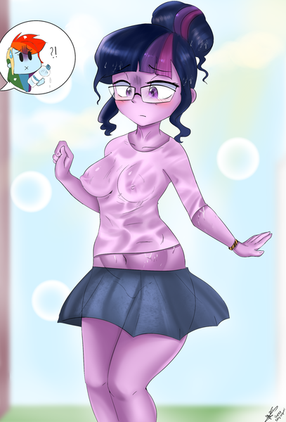 Size: 1824x2688 | Tagged: questionable, artist:mrscurlystyles, derpibooru import, rainbow dash, sci-twi, twilight sparkle, equestria girls, :x, belly button, blushing, braless, breasts, busty twilight sparkle, clothes, female, glasses, lesbian, midriff, nipples, no panties, no underwear, nudity, see-through, shipping, skirt, water, water bottle, wet, wet shirt