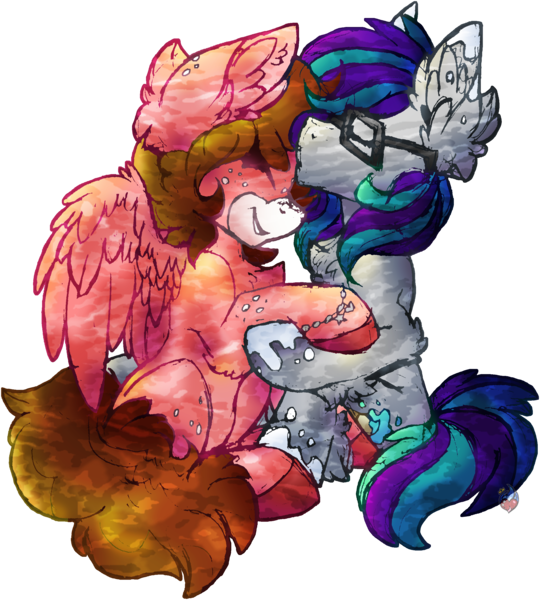 Size: 2400x2667 | Tagged: safe, artist:iroxykun, derpibooru import, oc, unofficial characters only, earth pony, pegasus, pony, bracelet, cute, female, forehead kiss, freckles, glasses, kissing, lesbian, wings