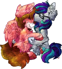 Size: 2400x2667 | Tagged: safe, artist:iroxykun, derpibooru import, oc, unofficial characters only, earth pony, pegasus, pony, bracelet, cute, female, forehead kiss, freckles, glasses, kissing, lesbian, wings