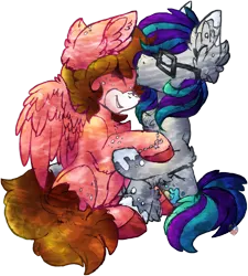 Size: 2400x2667 | Tagged: safe, artist:iroxykun, derpibooru import, oc, unofficial characters only, earth pony, pegasus, pony, bracelet, cute, female, forehead kiss, freckles, glasses, kissing, lesbian, wings