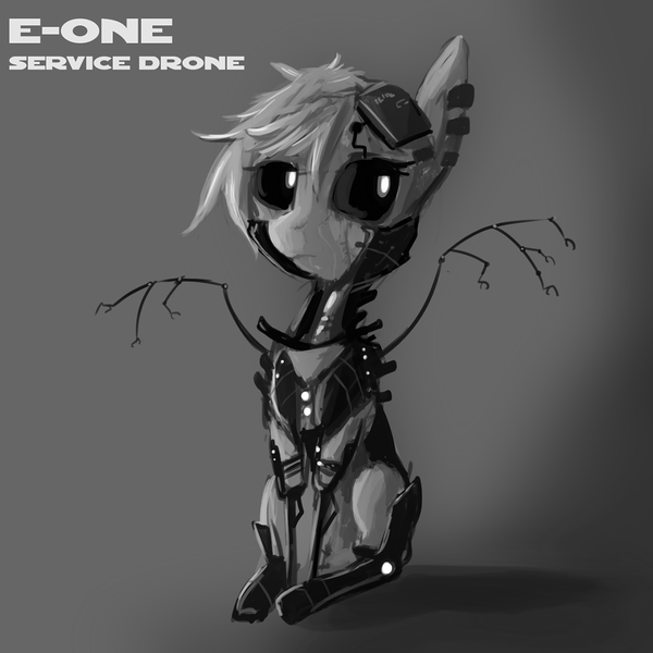 Size: 1172x1172 | Tagged: safe, artist:tjpones, derpibooru import, oc, oc:e-one, unofficial characters only, cyborg, pony, black sclera, grayscale, monochrome, solo, what has science done