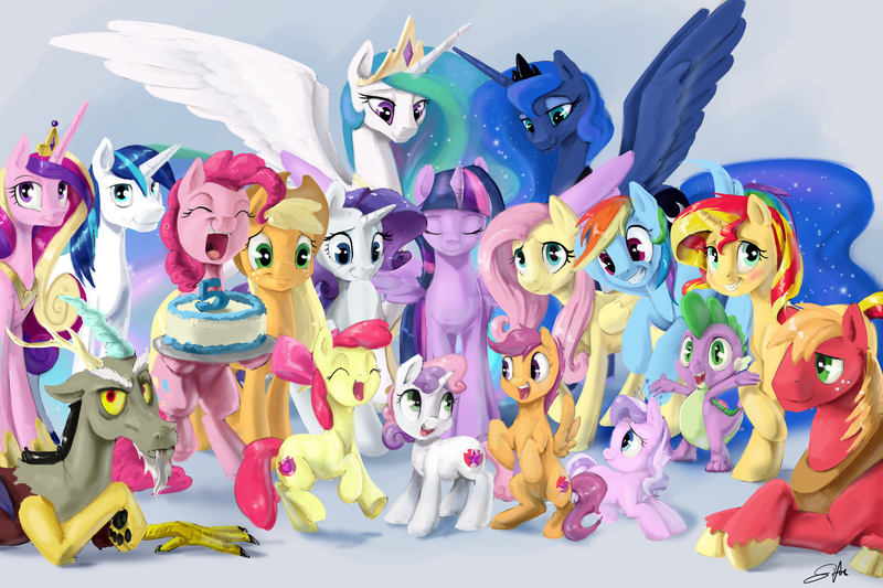 Size: 9000x6000 | Tagged: safe, artist:silfoe, derpibooru import, apple bloom, applejack, big macintosh, diamond tiara, discord, fluttershy, pinkie pie, princess cadance, princess celestia, princess luna, rainbow dash, rarity, scootaloo, shining armor, spike, sunset shimmer, sweetie belle, twilight sparkle, twilight sparkle (alicorn), alicorn, draconequus, dragon, earth pony, pegasus, pony, unicorn, crusaders of the lost mark, absurd resolution, alicorn tetrarchy, anniversary, backwards cutie mark, blushing, cake, cutie mark, cutie mark crusaders, eyes closed, female, filly, grin, group photo, happy birthday mlp:fim, looking at you, mane seven, mane six, mare, mlp fim's fifth anniversary, prone, raised hoof, smiling, spread wings, the cmc's cutie marks, underhoof