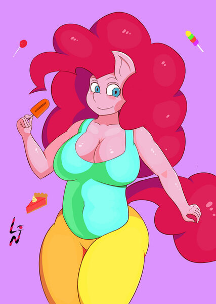 Size: 600x844 | Tagged: anthro, artist:lavinianeasa, big breasts, breasts, busty pinkie pie, chubby, cleavage, clothes, derpibooru import, female, looking at you, pinkie pie, plump, popsicle, smiling, solo, solo female, suggestive, tanktop, wide hips