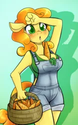 Size: 798x1280 | Tagged: adorasexy, anthro, artist:jitterbugjive, basket, breasts, busty carrot top, carrot, carrot top, cleavage, cute, derpibooru import, female, garden, golden harvest, overalls, phallic symbol, sexy, solo, suggestive, sweat